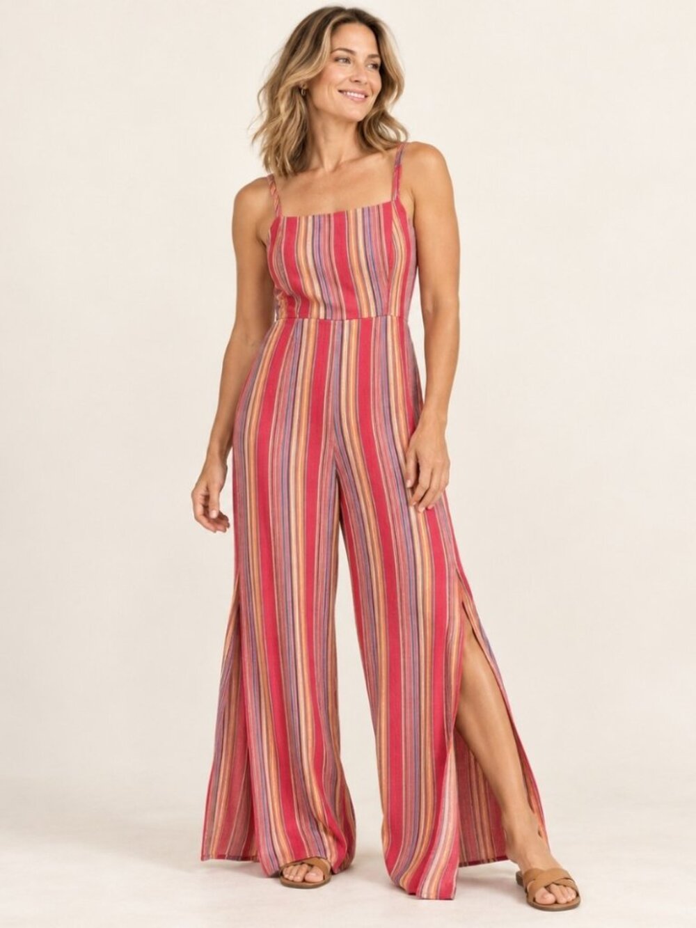Anthropologie Lemon Stripped Wide Leg Jumpsuit S/M Side Slit Boho Resort